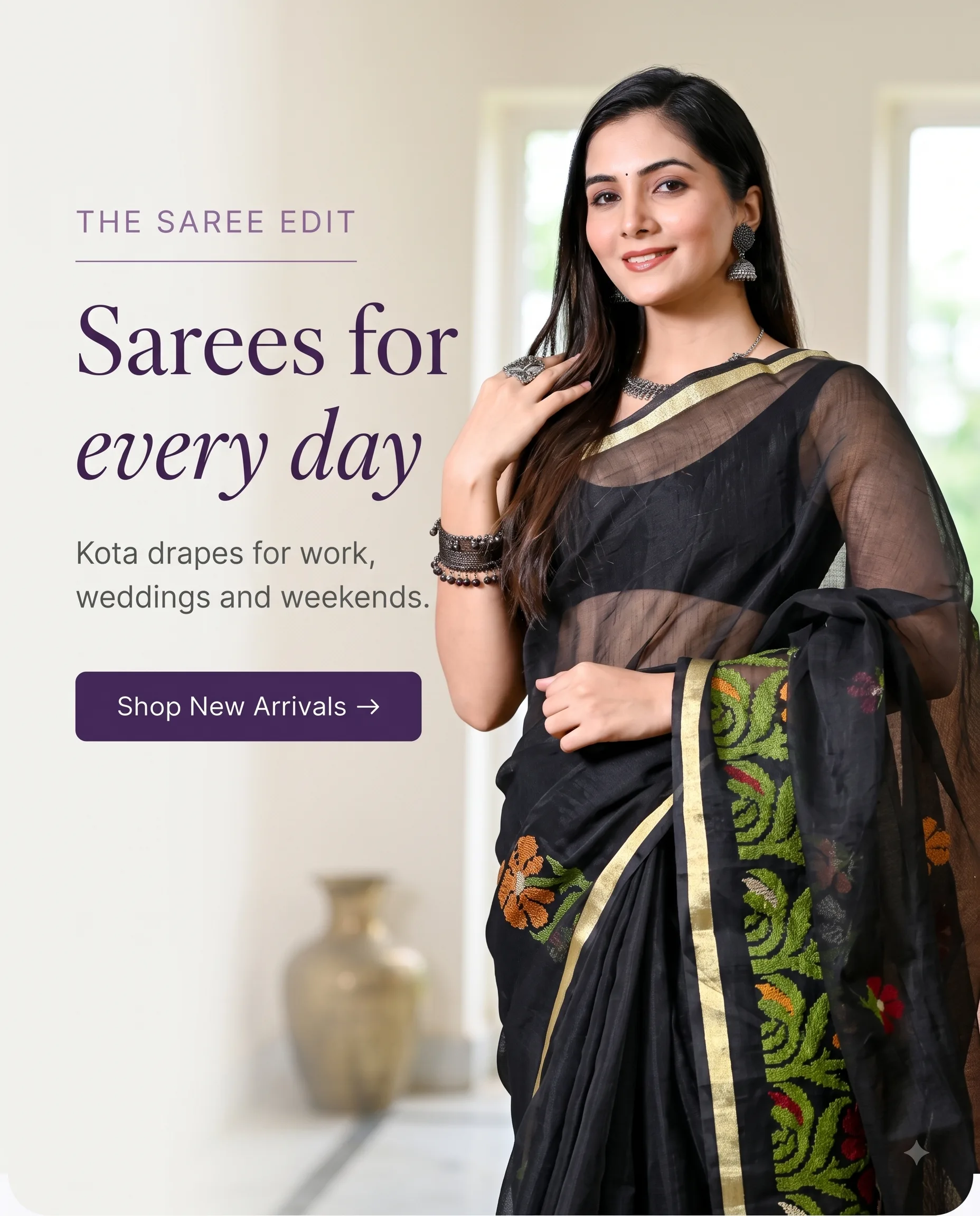 Kota Doria sarees for every day — cotton drapes for work, weddings and weekends. Shop new arrivals.