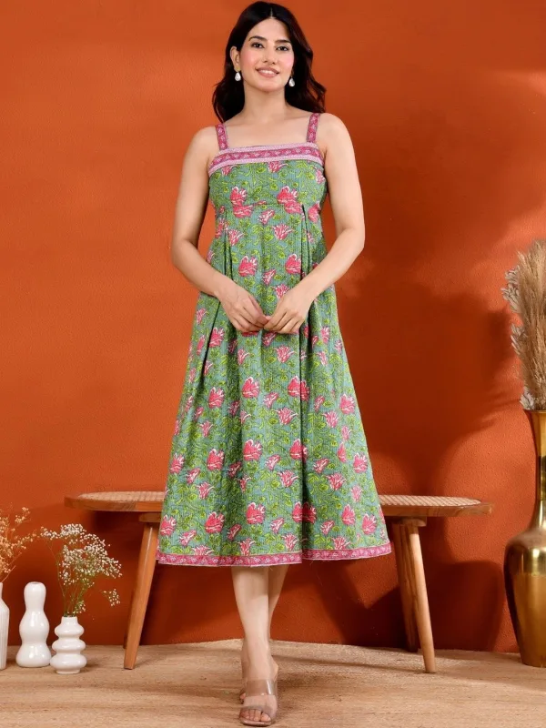 Green Floral Cotton Fit & Flare Midi Dress